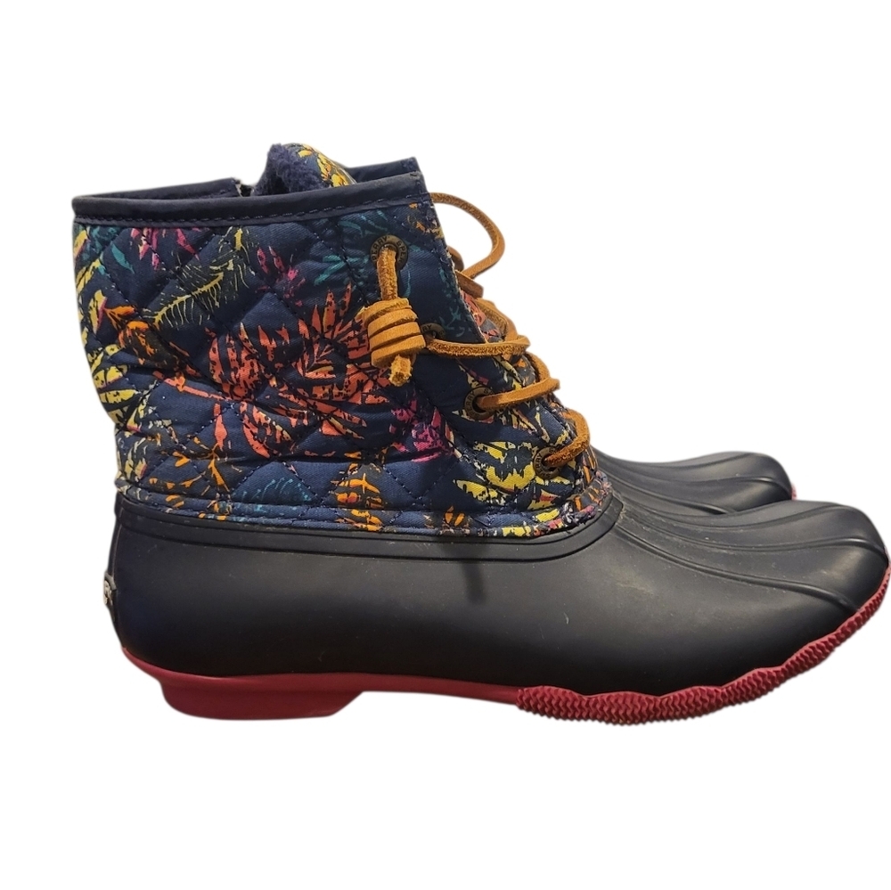 Sperry Saltwater Duck Womens Boots Colorful Floral & Blue Design Zipper Size 7